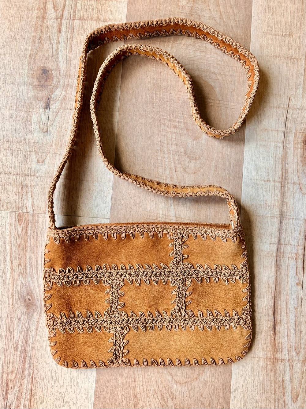 Vintage Nine West Boho Brown Tan Suede Patchwork Stitching Crossbody Bag